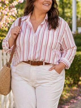 In Every Story Red & White Striped Cotton Blend Button Down Top